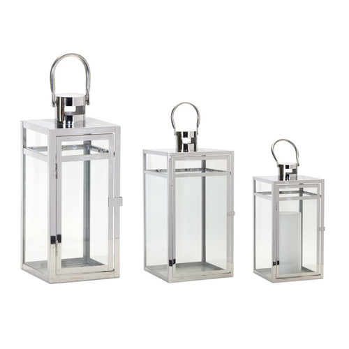 Set of 3 Silver and Clear Glass Stainless Steel Candle Lantern 20.50"
