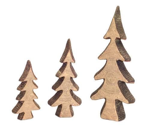 Set of 3 Wooden Brown and Beige Foam Decorative Christmas Trees 29"