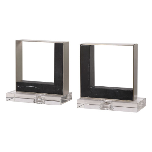 Set of 2 Black and Clear Contemporary Modern Bookends 8"