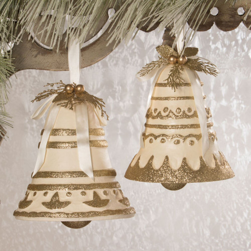 Set of 2 Beige and Gold Peaceful Christmas Bells 11.5"