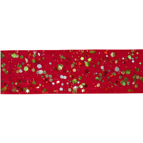 Pack of 4 Red with Shimmering Hexagonal Shape Wired Polyester Ribbons 2.5" x 10 Yards