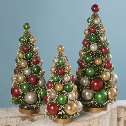 Set of 3 Green and Red Traditional Bottle Brush Trees Christmas Tabletop Decor 13"