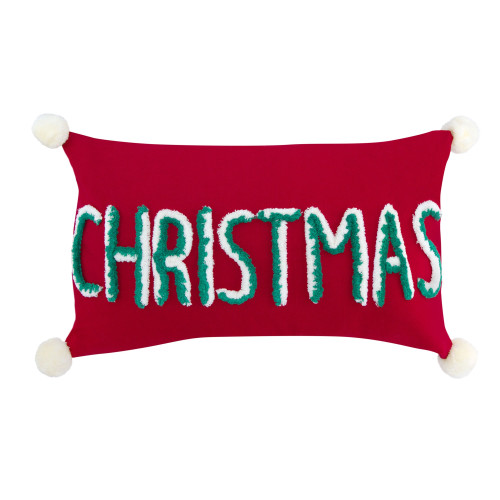 Pack of 2 Red "Christmas" Themed Rectangular Polyester Throw Pillow with White Pom-Pom Design 21"