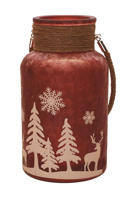 10" Red Iced White Winter Scene Christmas Pillar Candle Holder Lantern with Handle - 32256991
