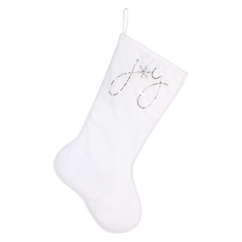 Set of 4 Sparkilng Joy and Snowflake Design White Cotton Stockings 19" - 34152465