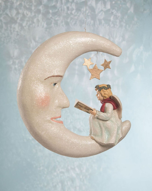 16" White and Red Vintage Storybook Angel on Moon Hanging Christmas Ornament