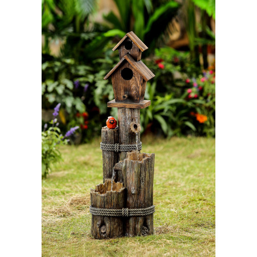 33.75" Brown and Gray Contemporary Tiered Water Fountain with Birdhouse