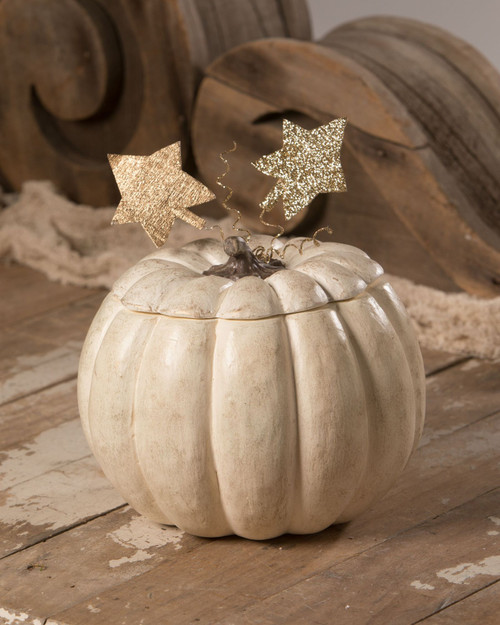 8" Ivory and Gold Romantic Pumpkin with Lid Thanksgiving Tabletop Decor