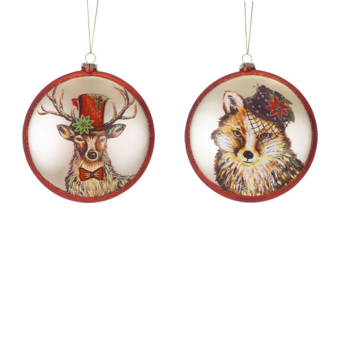 Set of 6 Multi-Colored Deer and Fox Disc Glass Hanging Ornament 6.75"