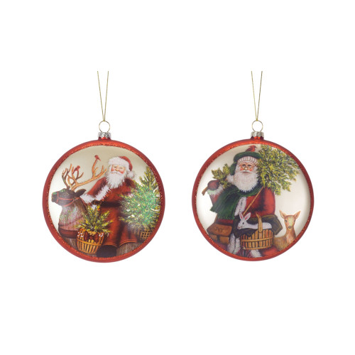 Set of 6 Multi-Colored Santa Disc Glass Hanging Ornament 5.5"