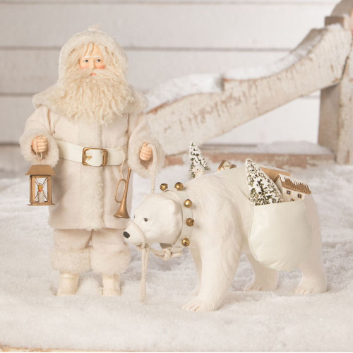 13.5" White and Gold Winter Santa with Polar Bear Christmas Tabletop Figurine
