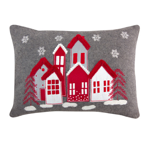 Pack of 2 Grey and Red Winter Village Rectangular Throw Pillow, 18”