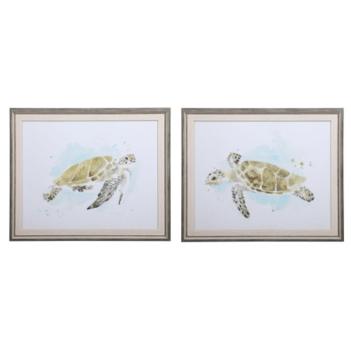 Set of 2 Blue and Green Sea Turtle Rectangular Framed Wall Arts 20.75" x 25.25"