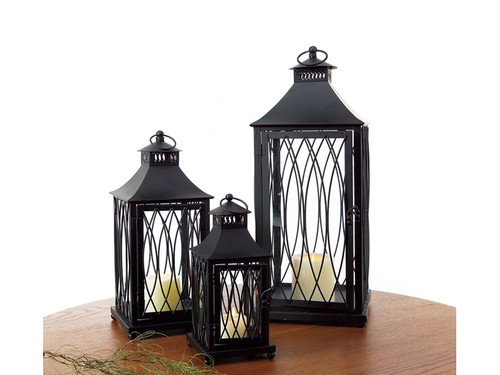 Set of 3 Country Bistro Black Pagoda Style Roof Pillar Candle Lanterns 24"
