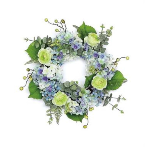 Hydrangeas and Ranunculus Artificial Spring Floral Wreath, Blue 22-Inch