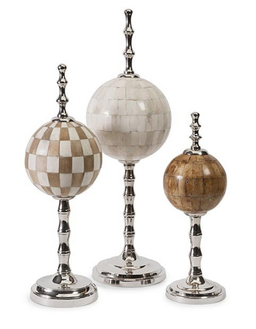 Set of 3 Sophisticated Zachary Bone Globe Finials On Chrome Stands, 21"