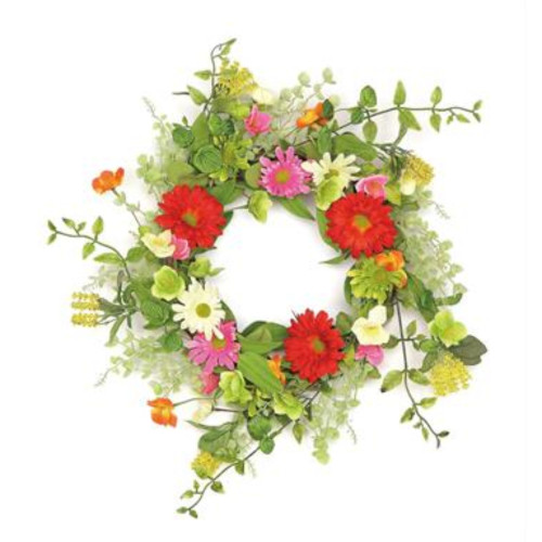 Mixed Garden Flowers Artificial Spring Floral Wreath, Red and Green 24-Inch
