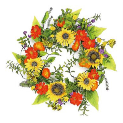 Mixed Wildflowers and Sunflowers Artificial Spring Floral Wreath, Green 24-Inch