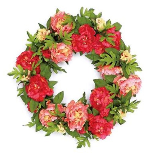 Peonies Artificial Spring Floral Wreath, Red and Green 24-Inch