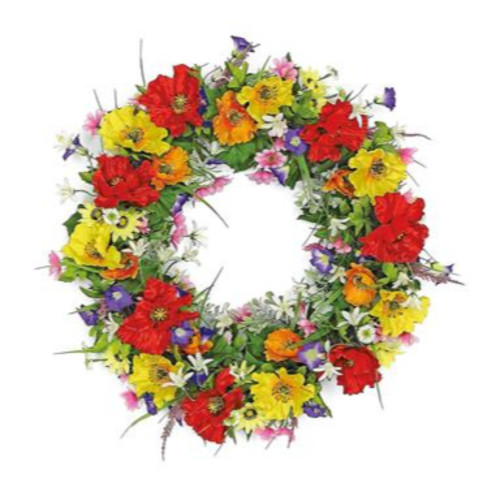 Poppies with Wildflowers Artificial Spring Floral Wreath, Yellow and Red 24-Inch