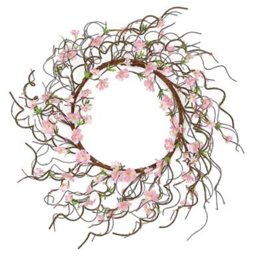 Twiggy Cherry Blossoms Artificial Spring Wreath, Pink and Brown 24-Inch
