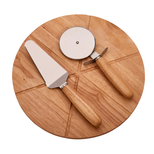 14" Wooden Pizza Board With 2 Utensils