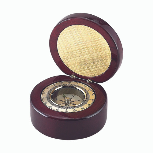 4" Brass Compass in Rosewood Round Wooden Box