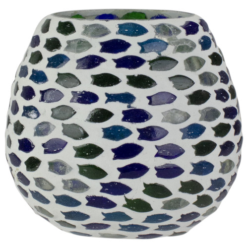 4.25" Blue and Turquoise Fish Cut-Out Mosaic Glass Candle Holder