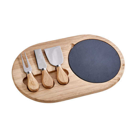 13" Oval Wooden Cheese Board With 3 Cheese Tools