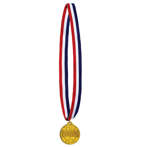 Set of 12 Red, White, and Blue Ribbon with Gold Participation Medal - 30”