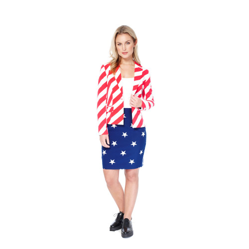 Red and Blue Stars with Stripes Printed Patriotic Women's Adult Americana Suit - US16