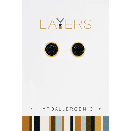 0.25" Gold Plated and Black Druzy Round Stud Earrings