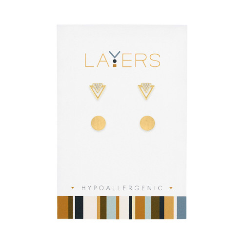 Set of 2 Gold Overlay and CZ Triangle and Round Earrings 0.35"