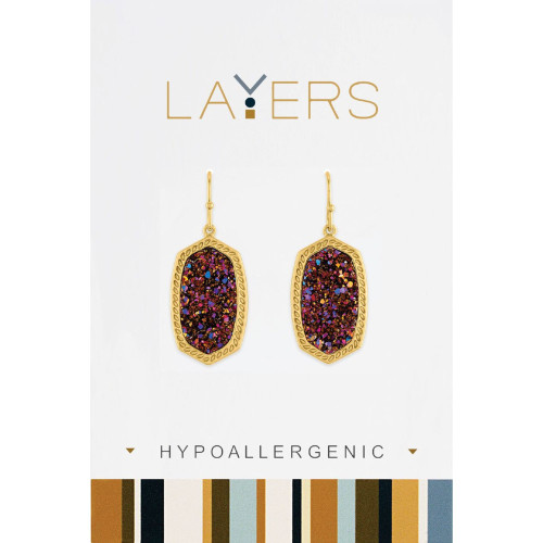 0.75" Gold and Red Pendant Druzy Amethyst Dangle Earrings