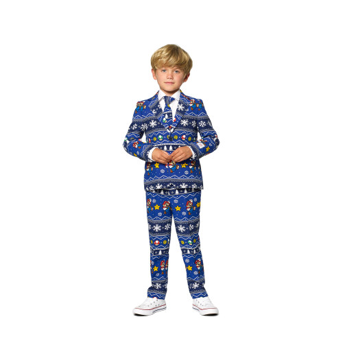 Blue and White Merry Mario  Boy's Child Christmas Slim Fit Suit - 6Y