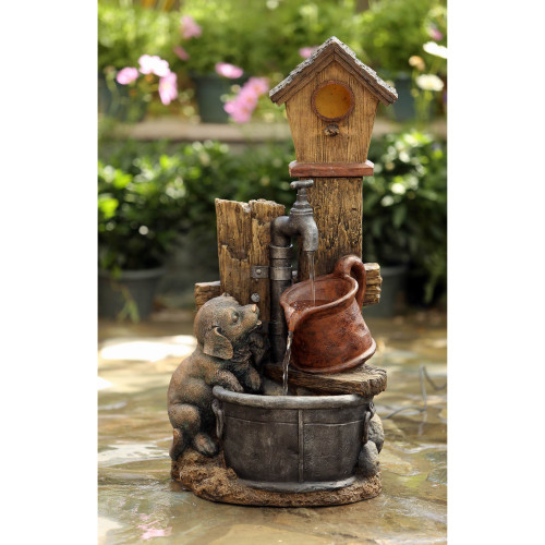 28.5" Brown and Gray Contemporary Birdhouse and Dog Water Fountain