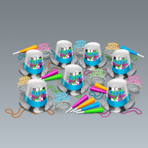 Absolutely 80's Multi Colored "Happy New Year" Party Kit Assortment for 50 People