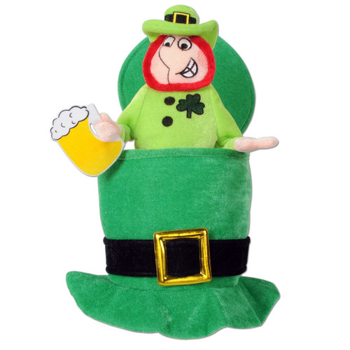 Pack of 6 Green Plush Top Hat with Leprechaun and Beer - Adult Sized