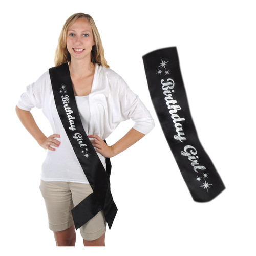 Pack of 6 Black and Silver Glittered 'Birthday Girl' Sash Costume Accessories 33"