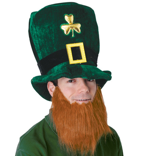 Pack of 6 Plush Green Top Hat with Gold Shamrock and Beard - Adult Sized