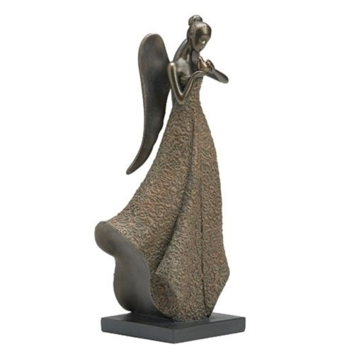 12.5" Brown and Gray Lace Angel with Bird Figurine Statue