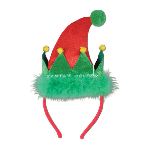 Pack of 12 Green and Red "Santa's Helper" Snap-on Christmas Headband Accessories