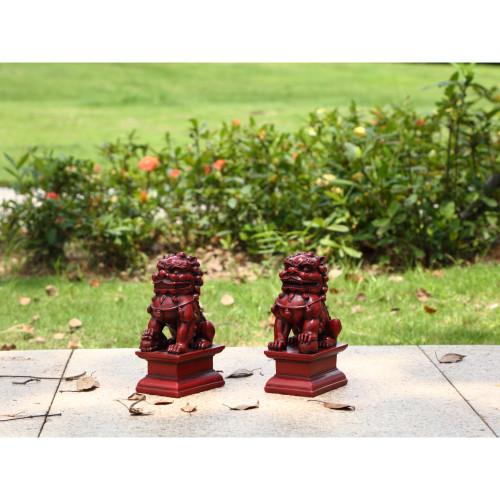 Set of 2 Red Foo Dogs Male and Female Outdoor Garden Statue 8"