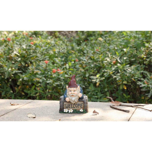 7.5" Red and Blue Welcome Sign Gnome Crawling Over the Tree Trunk