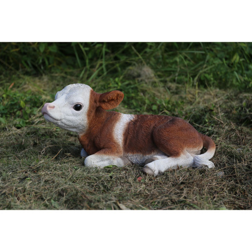 20.5" Brown and White Calf Laying Down Garden Statue
