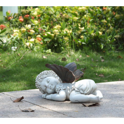 11.75" White and Brown Baby Fairy Sleeping Outdoor Garden Statue