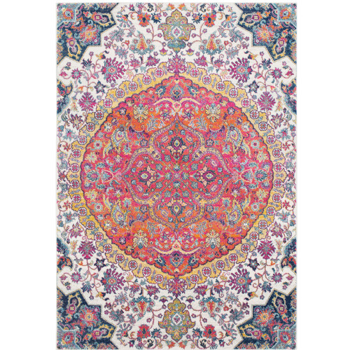 5'3” x 7'3” Mandala Floral Pink, White and Orange Synthetic Rectangular Area Throw Rug