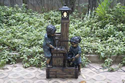 39.50" Bronze Fountain Kids With Lamppost LED Lights