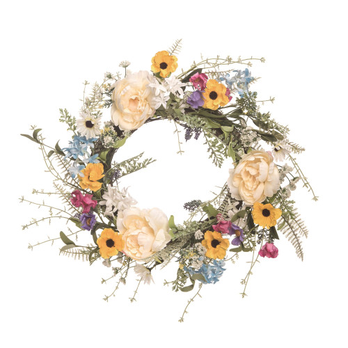Enchanted Wildflower Spring Floral Wreath, White and Green 27-Inch