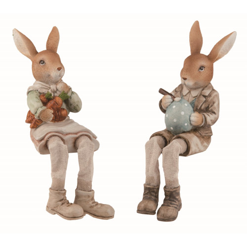 Set of 2 Brown Easter Bunny Shelf Sitters with Egg and Carrots 7.75"